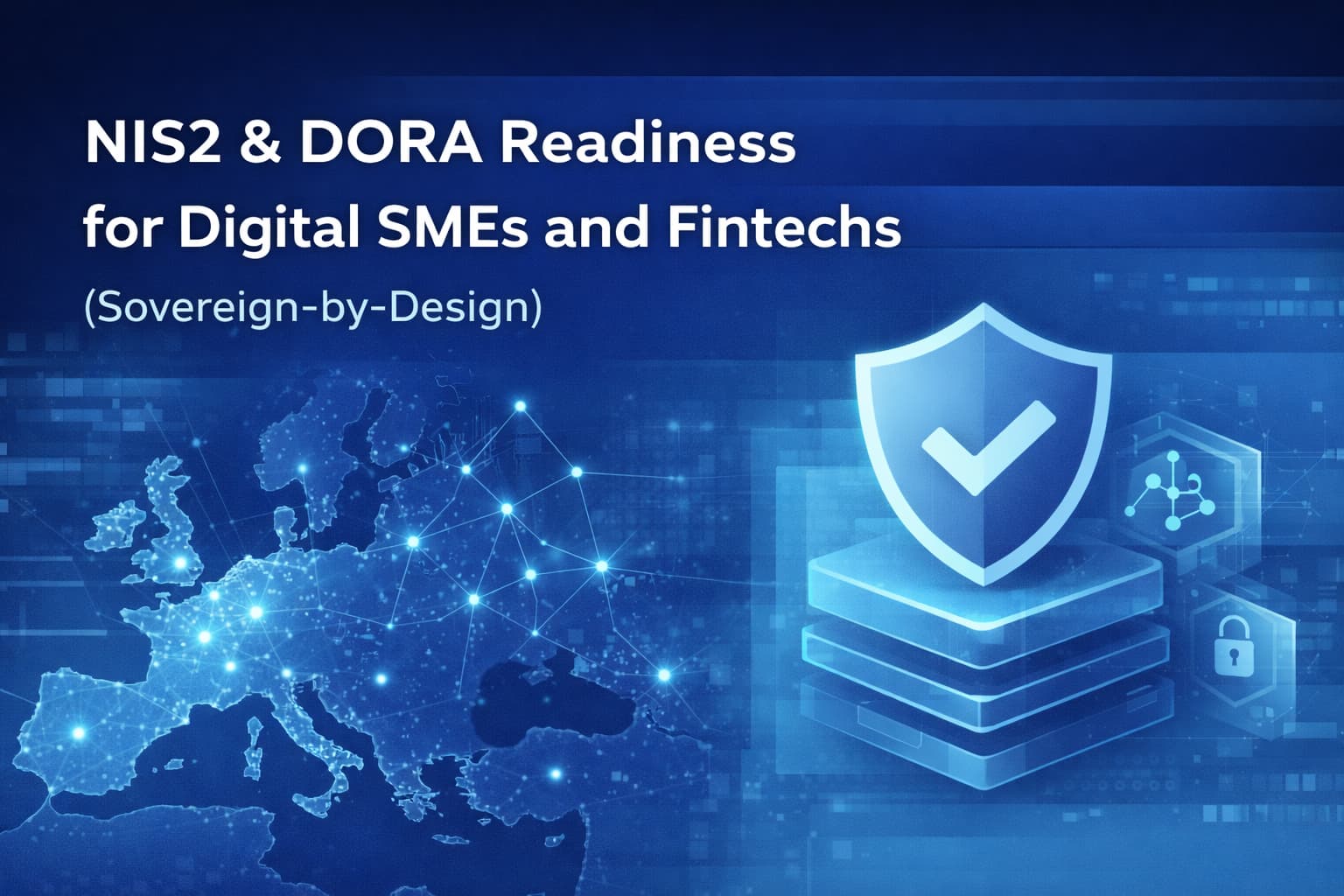 Abstract illustration representing NIS2 and DORA regulatory readiness, with a stylised map of Europe, structured digital layers and a cybersecurity shield symbol.