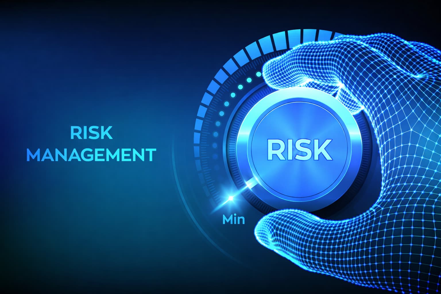Futuristic blue illustration showing a wireframe hand adjusting a digital dial labeled “Risk,” representing cyber risk management and control.